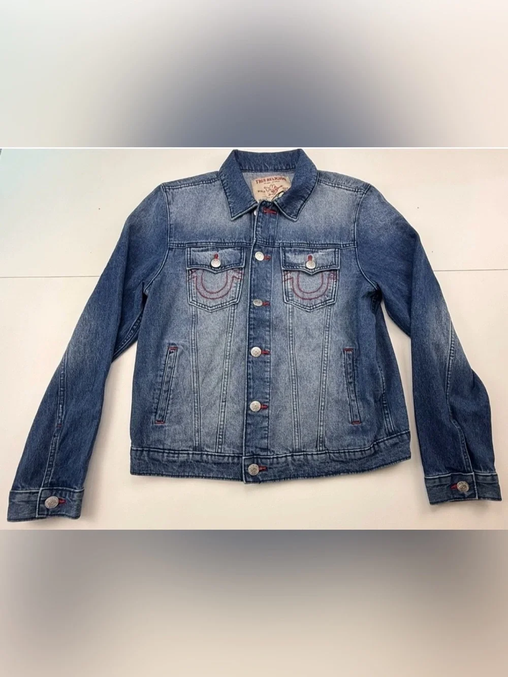 TRUE RELIGION BUTTON FRONT PRINT DENIM JACKET MEDIUM BLUE QUARTZ WASH SZ L NWT